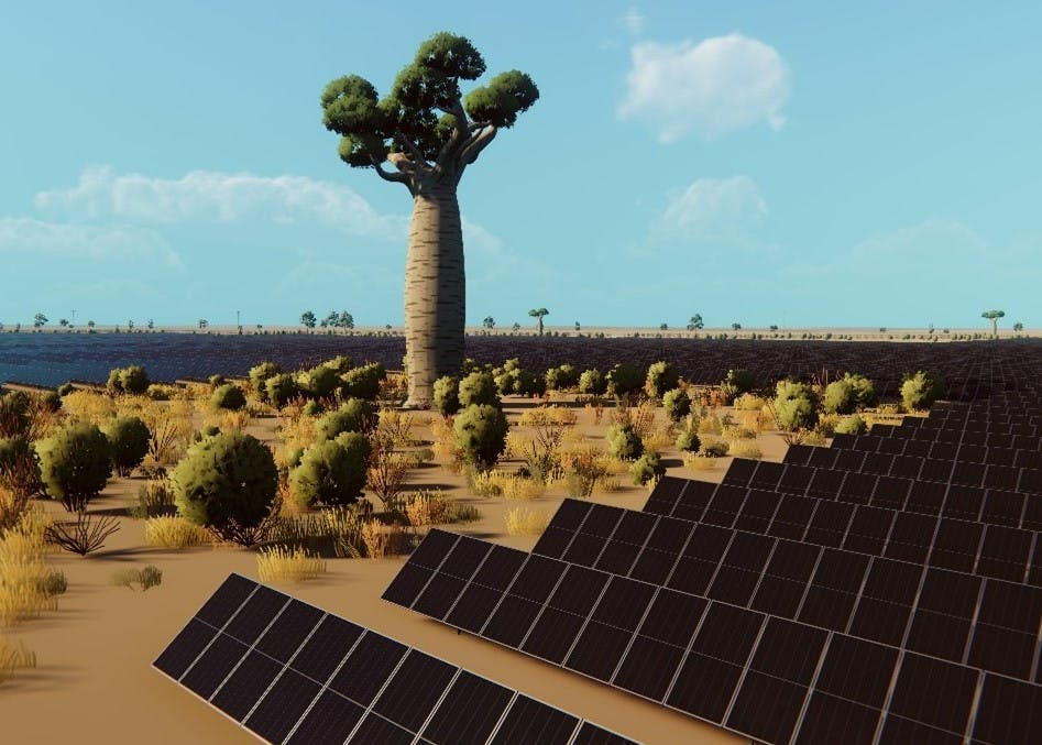 Computer-generated image of solar panels in arid desert with little vegetation